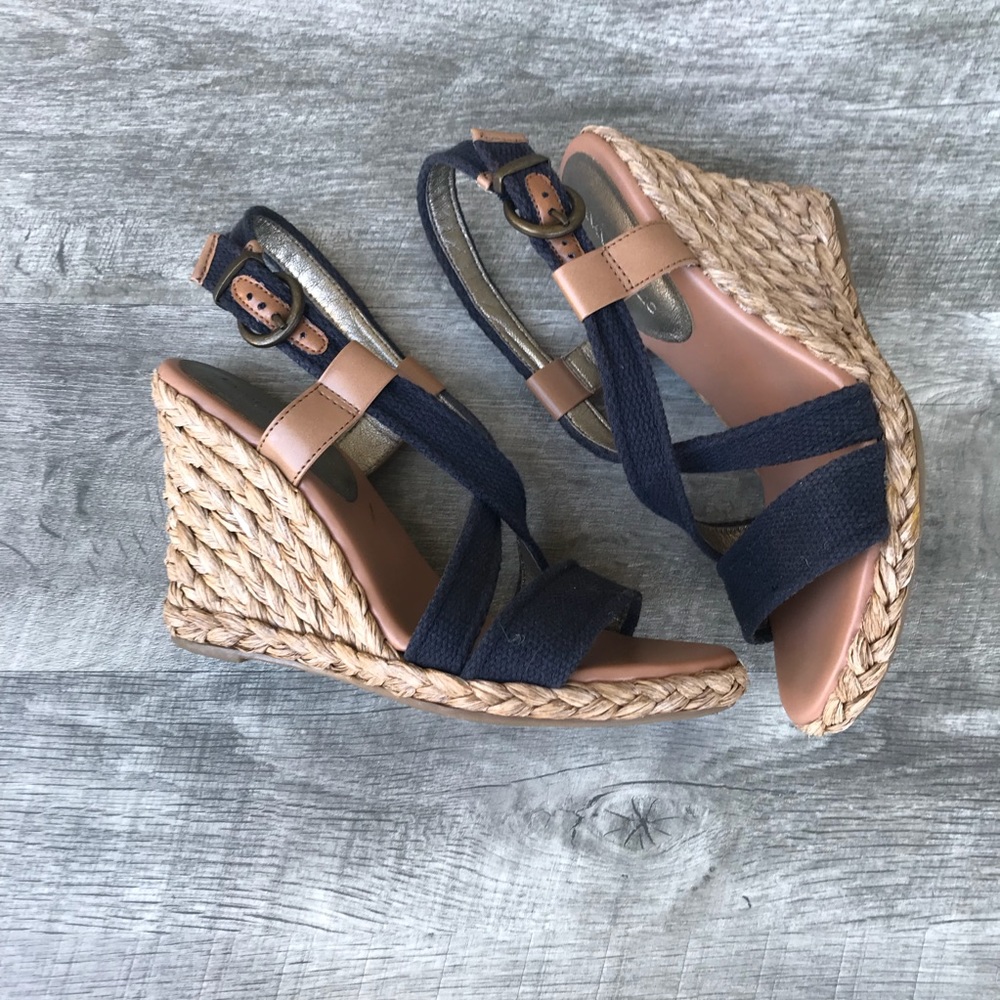 Navy & Leather Braided Espadrille Wedges